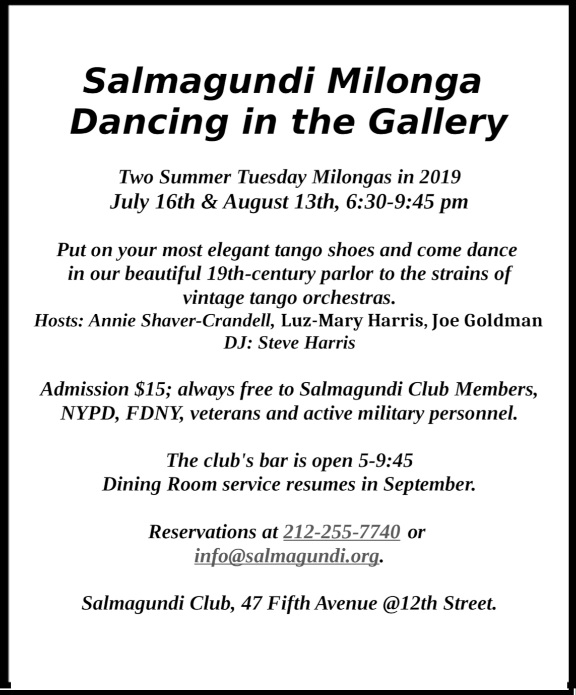 New York Tango calendar with classes, milongas, practicas, shows, music